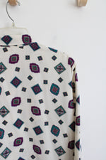 Alfred Dunner Vintage Cream & Purple Square Patterned Button Down Top | 12