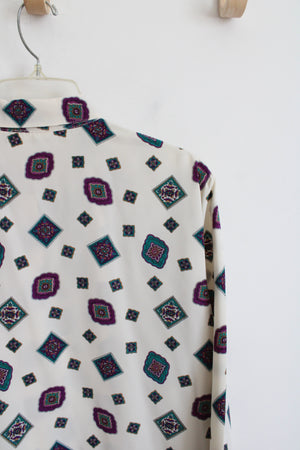 Alfred Dunner Vintage Cream & Purple Square Patterned Button Down Top | 12