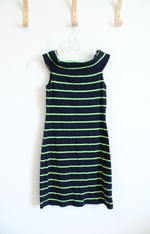 Ralph Lauren Navy & Lime Green Striped Wide Neck Cotton Dress | M