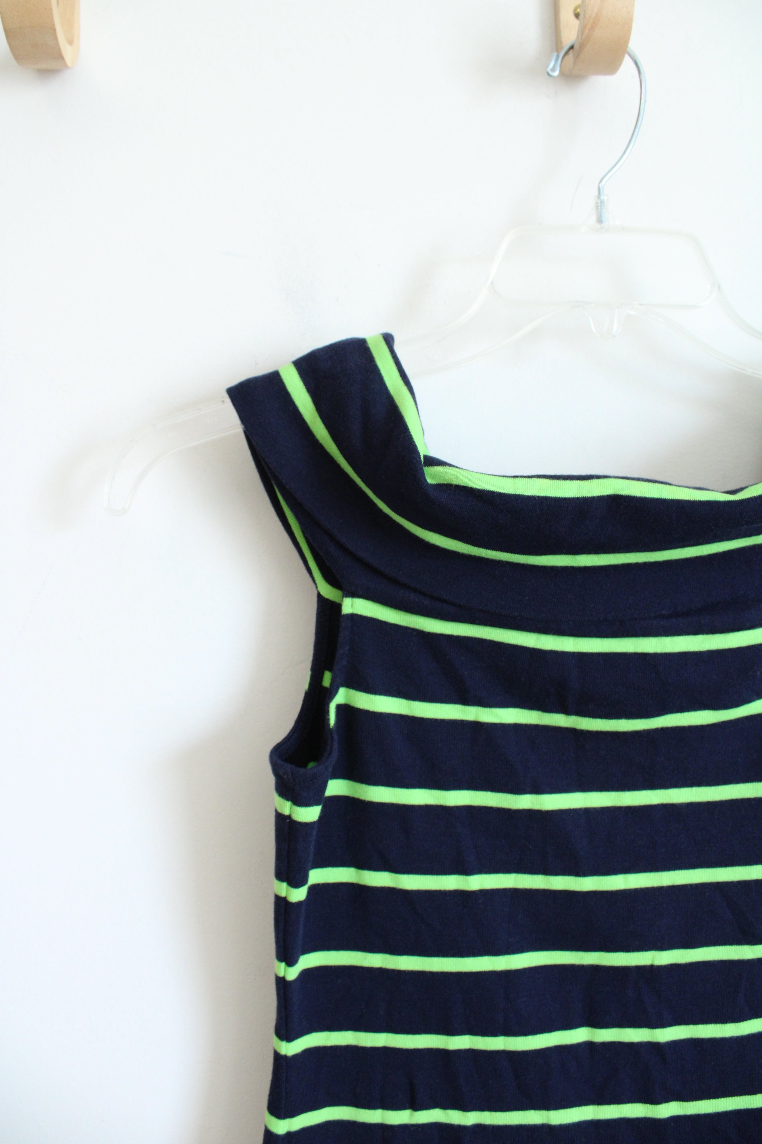 Ralph Lauren Navy & Lime Green Striped Wide Neck Cotton Dress | M