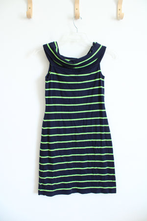 Ralph Lauren Navy & Lime Green Striped Wide Neck Cotton Dress | M