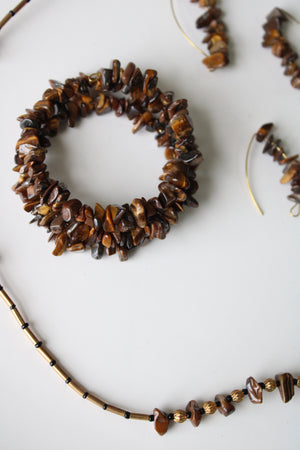 Tiger Eye Brown Puka Shell Necklace Bracelet & Earring Set