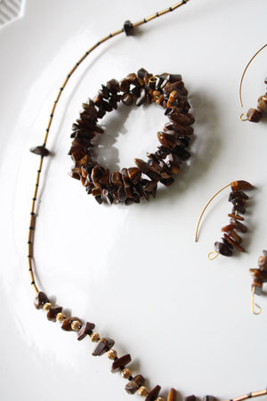 Tiger Eye Brown Puka Shell Necklace Bracelet & Earring Set