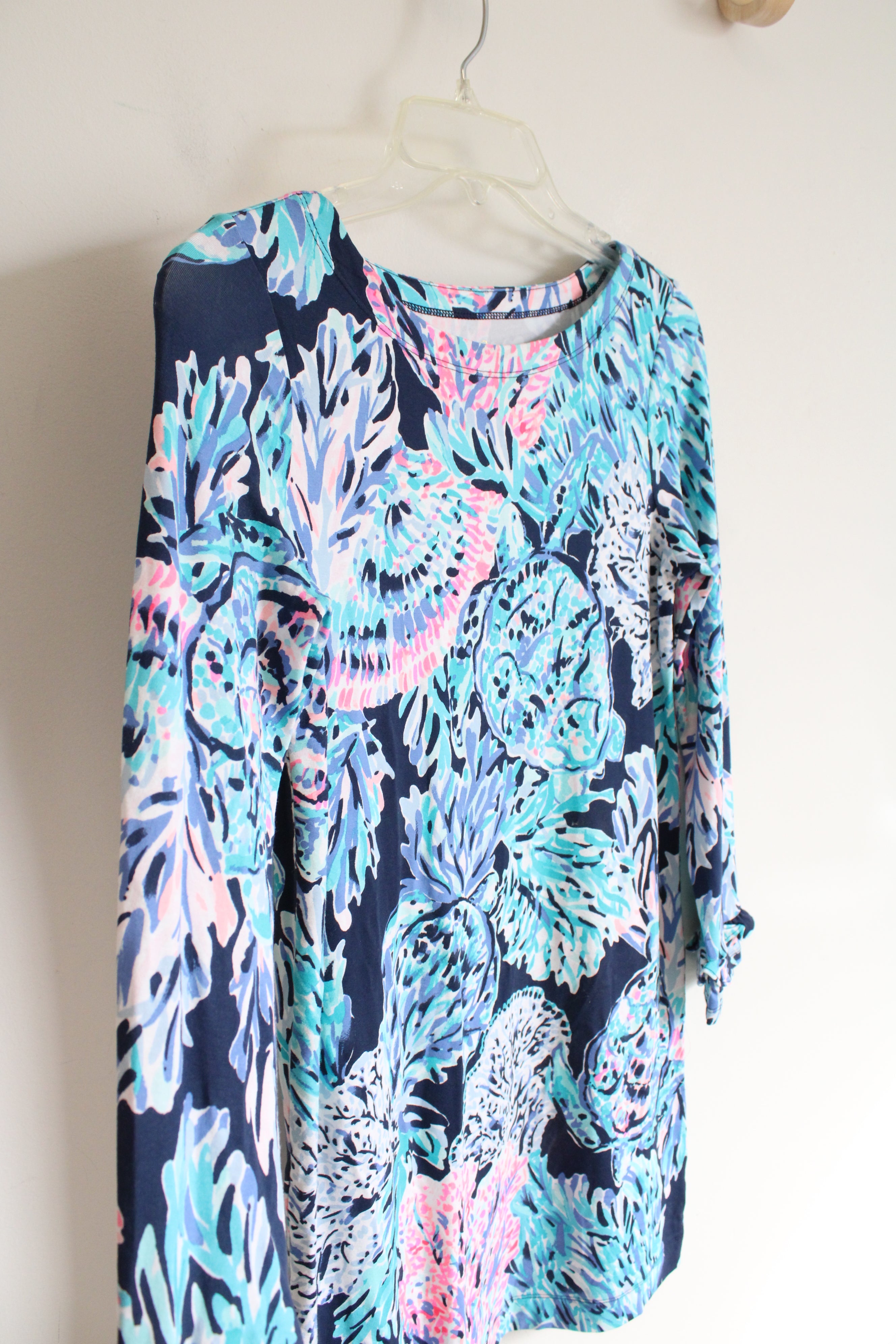 NEW Lilly Pulitzer UPF 50+ Blue Pink Patterned Ruffled Sleeved Sophie Dress | Youth XL (12/14)