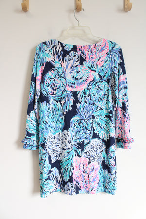 NEW Lilly Pulitzer UPF 50+ Blue Pink Patterned Ruffled Sleeved Sophie Dress | Youth XL (12/14)