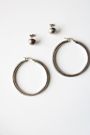 Sterling Silver Hammered Metal Hoops & Etched Silver Stud Earring Set