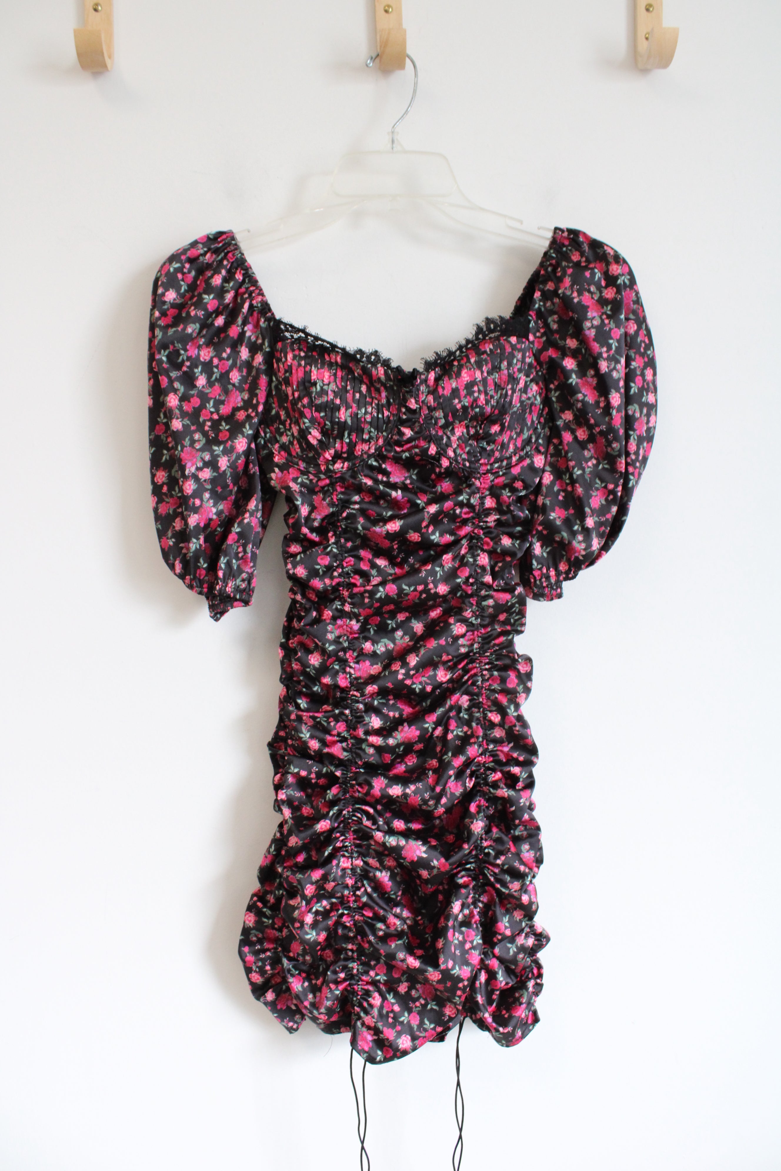 For Love & Lemons Black & Pink Floral Ruched Dress | XXS