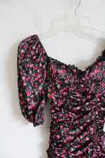 For Love & Lemons Black & Pink Floral Ruched Dress | XXS