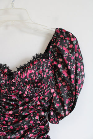 For Love & Lemons Black & Pink Floral Ruched Dress | XXS