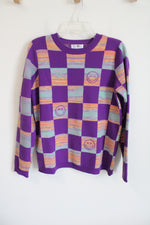 LOGO Lori Goldstein Smiley World Purple Checked Knit Sweater | M