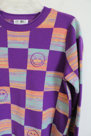 LOGO Lori Goldstein Smiley World Purple Checked Knit Sweater | M