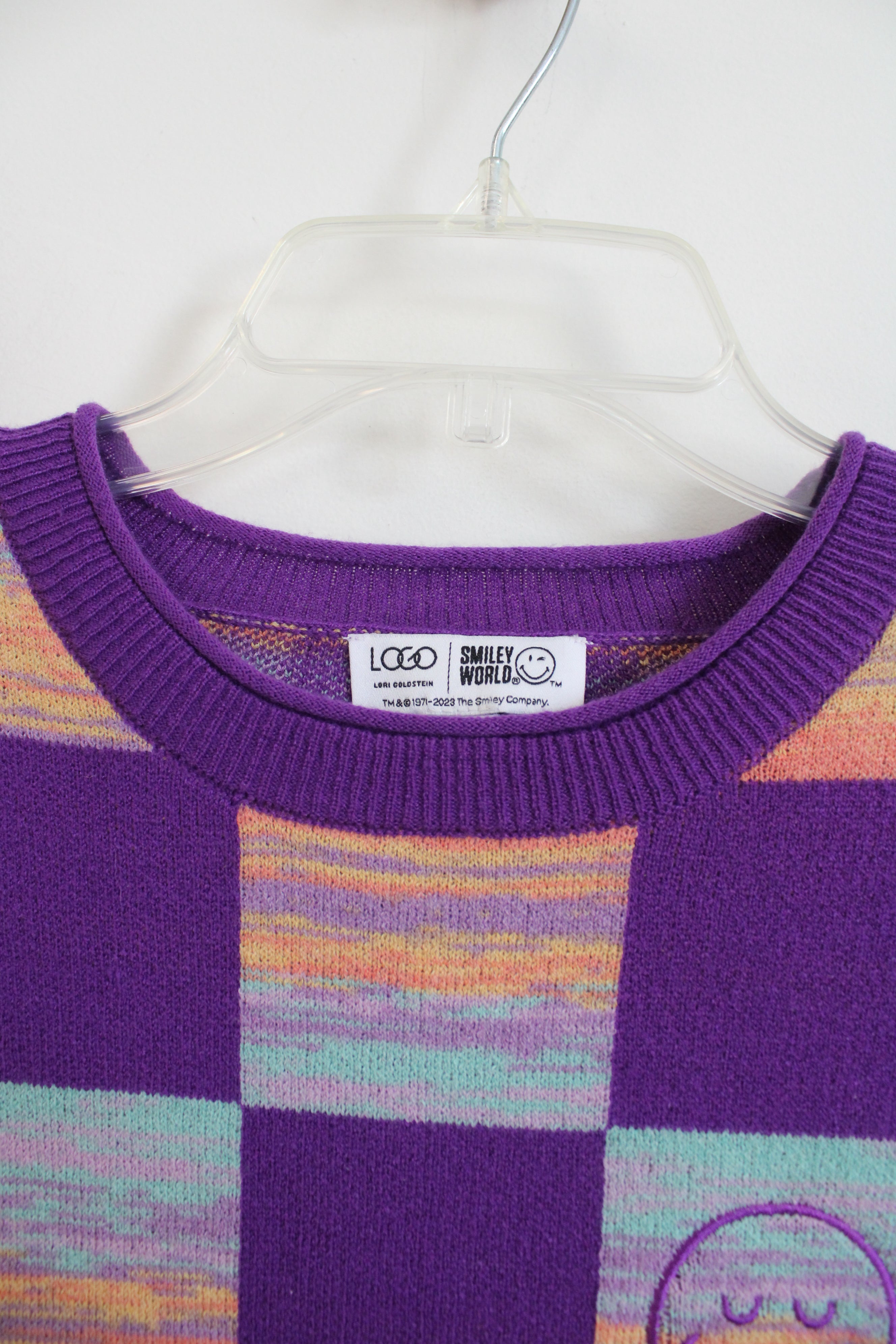 LOGO Lori Goldstein Smiley World Purple Checked Knit Sweater | M