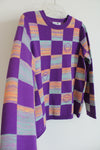 LOGO Lori Goldstein Smiley World Purple Checked Knit Sweater | M