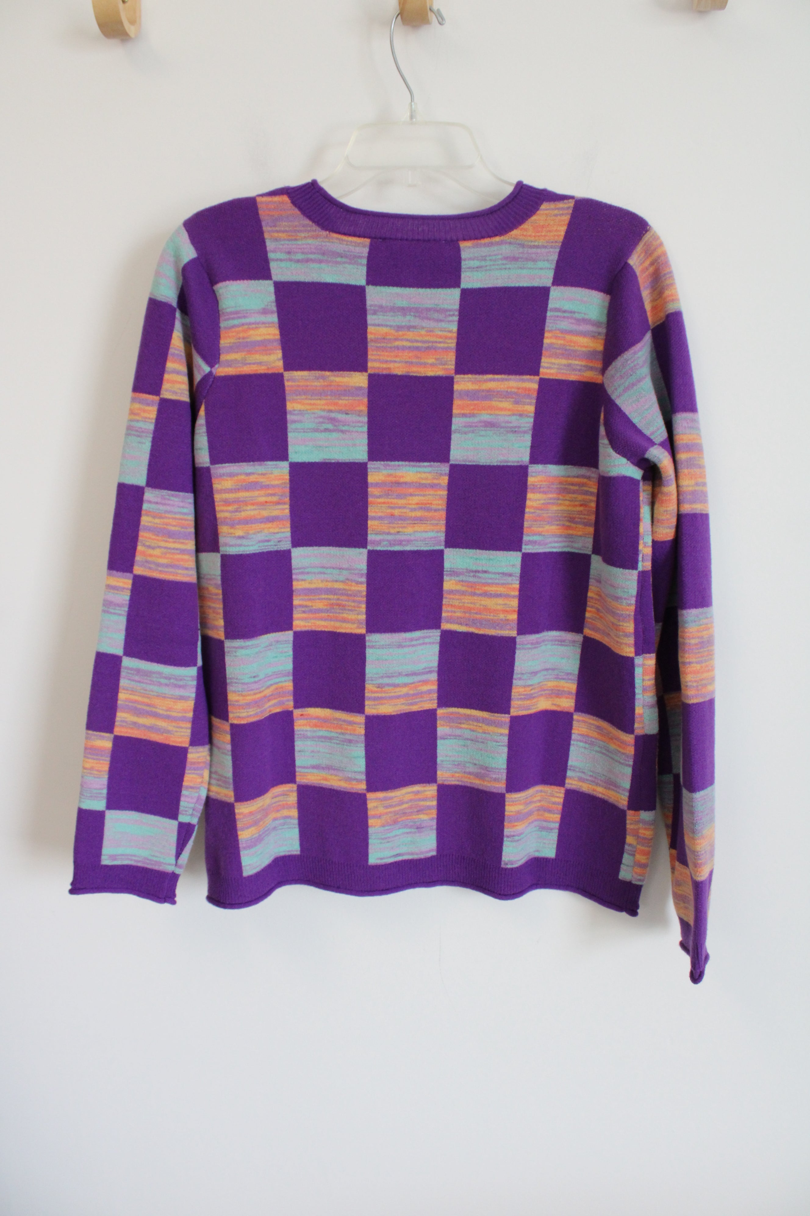 LOGO Lori Goldstein Smiley World Purple Checked Knit Sweater | M