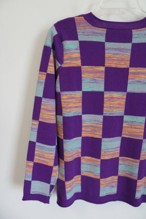 LOGO Lori Goldstein Smiley World Purple Checked Knit Sweater | M