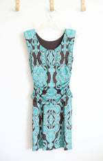 International Concepts Blue & Brown Patterned Embellished Ruched Dress | M