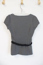 White House Black Market Black & White Striped Belted Top | 4