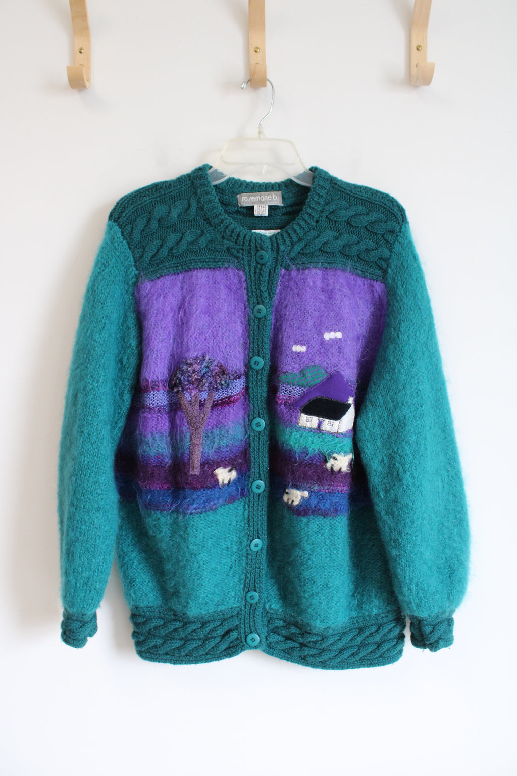 Rosemarie B Irish Hand Knitted Patchwork Farm Teal Vintage Button Down Sweater | L