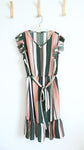 Bloomchic Green Beige & Pink Striped Flutter Sleeved Dress | 14/16