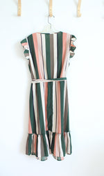 Bloomchic Green Beige & Pink Striped Flutter Sleeved Dress | 14/16