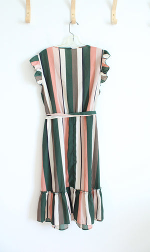 Bloomchic Green Beige & Pink Striped Flutter Sleeved Dress | 14/16