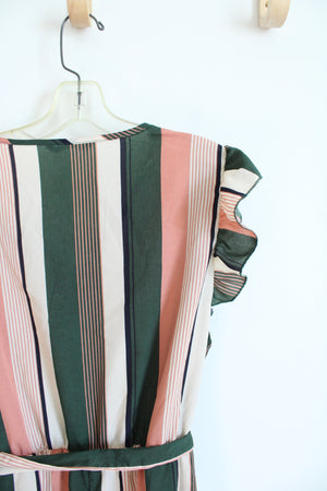 Bloomchic Green Beige & Pink Striped Flutter Sleeved Dress | 14/16