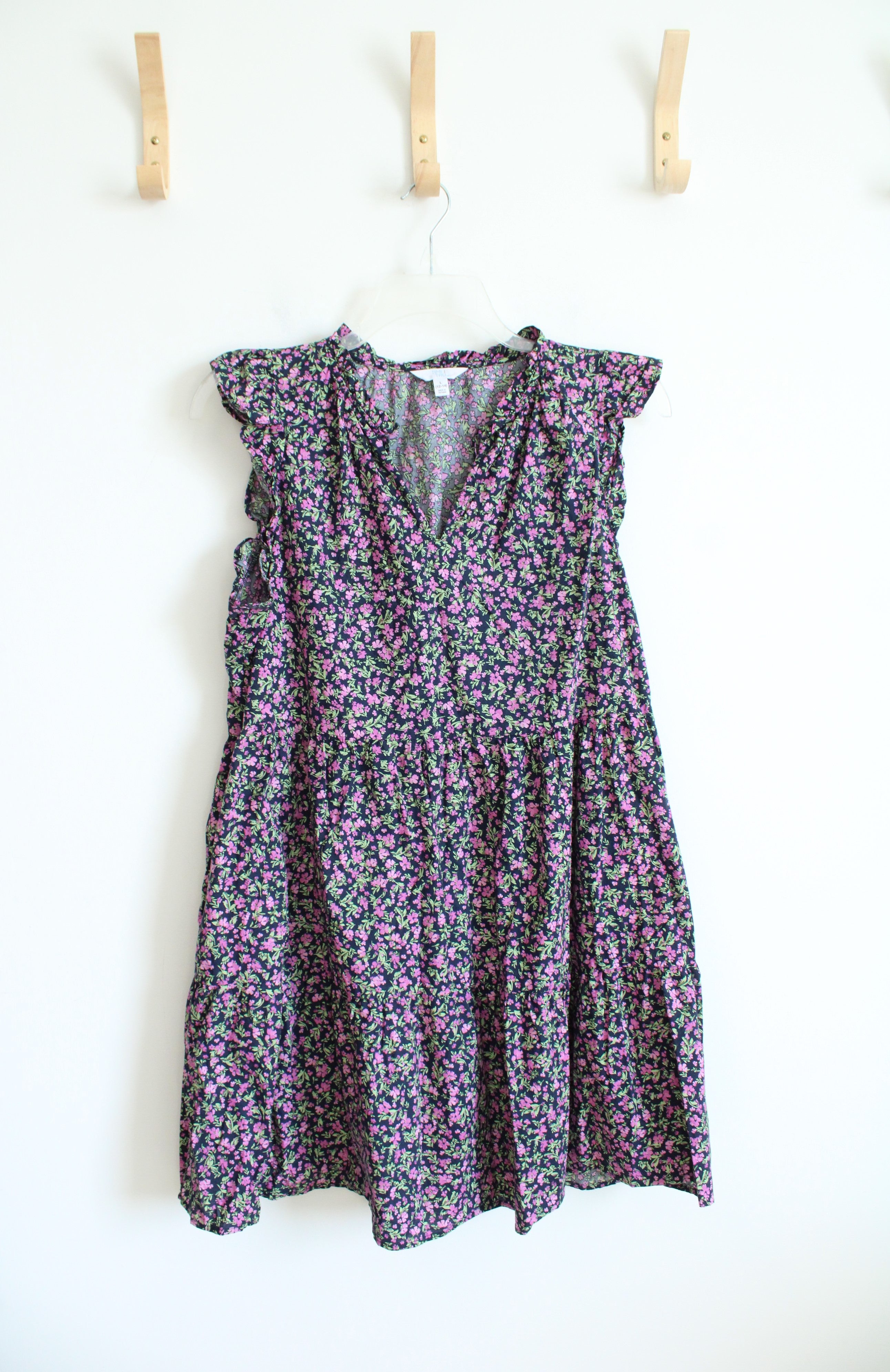 Time And Tru Pink Floral Navy Tiered Flutter Sleeved Cotton Dress | L