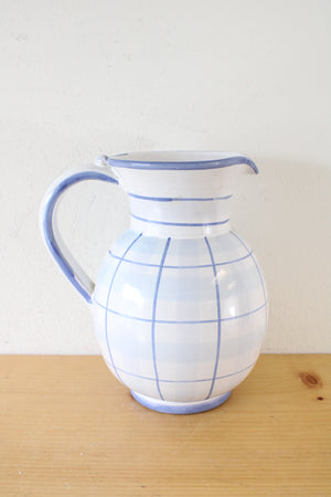 Hand Crafted Ethan Allen Blue Plaid Floral Pitcher