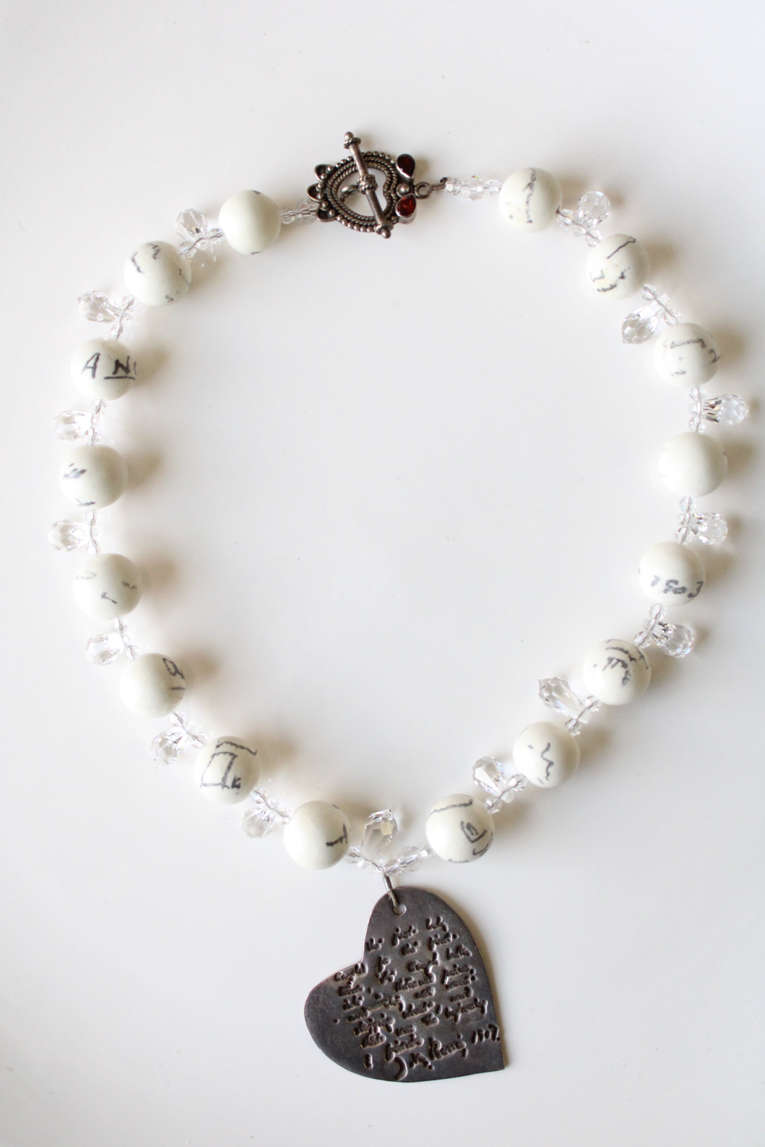 White Lettering Beaded Heart Pendant Chunky Necklace