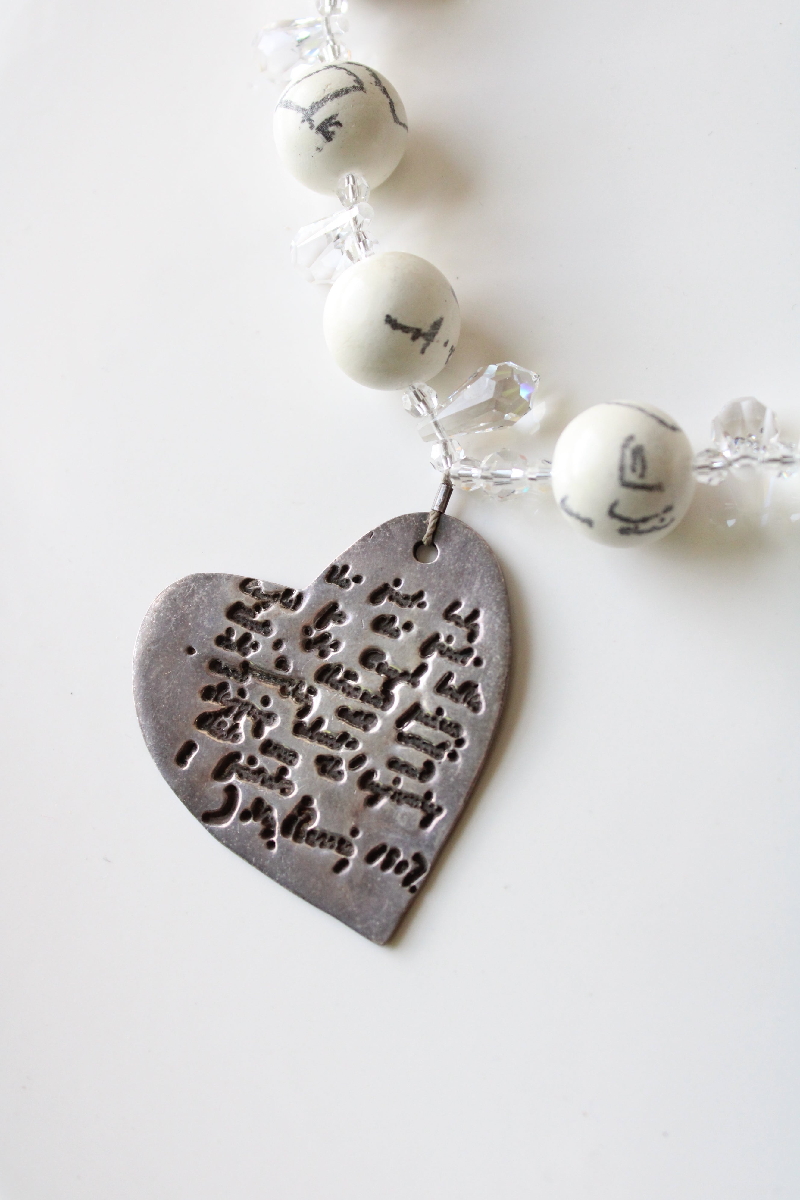 White Lettering Beaded Heart Pendant Chunky Necklace