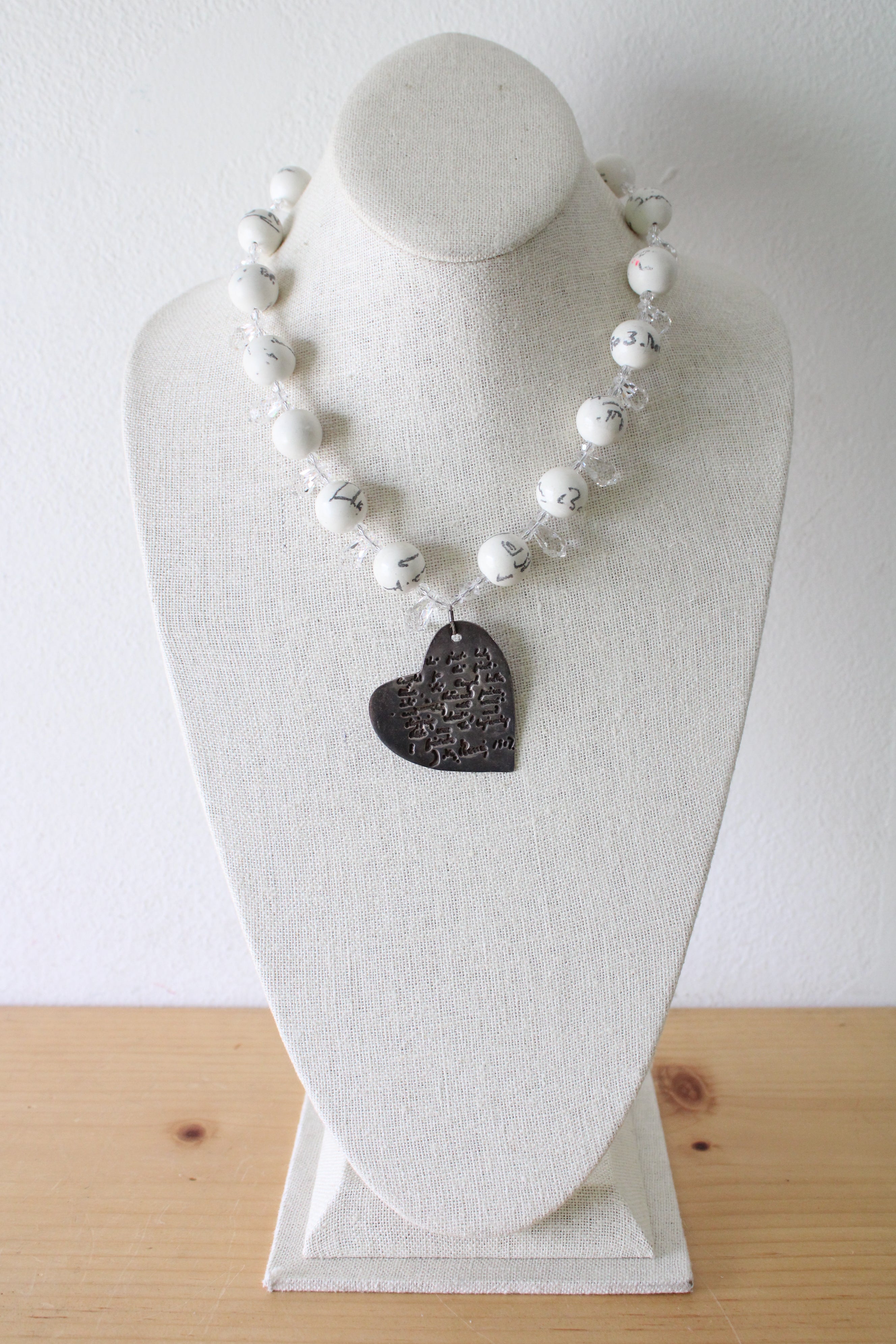 White Lettering Beaded Heart Pendant Chunky Necklace