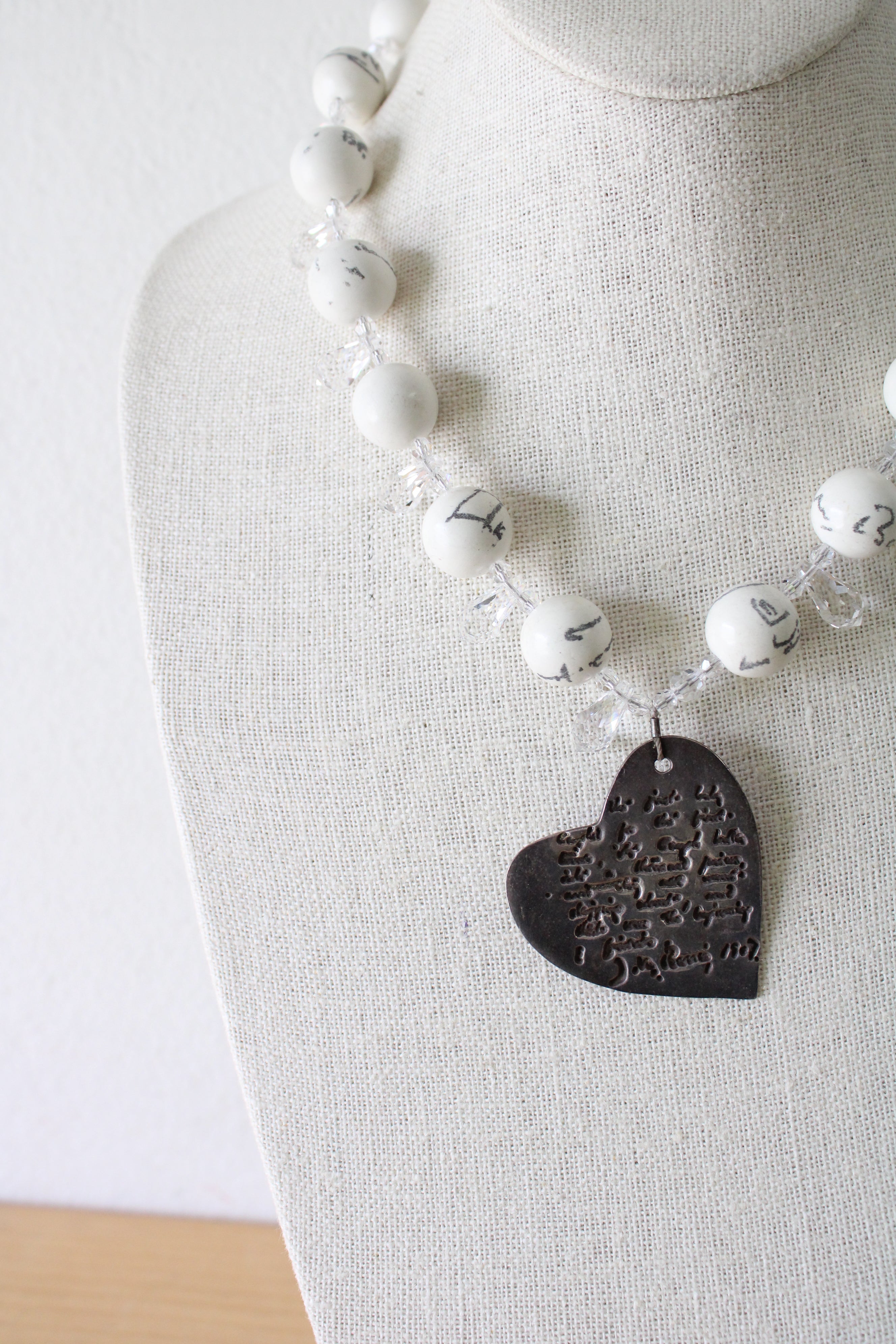 White Lettering Beaded Heart Pendant Chunky Necklace