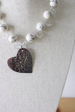 White Lettering Beaded Heart Pendant Chunky Necklace