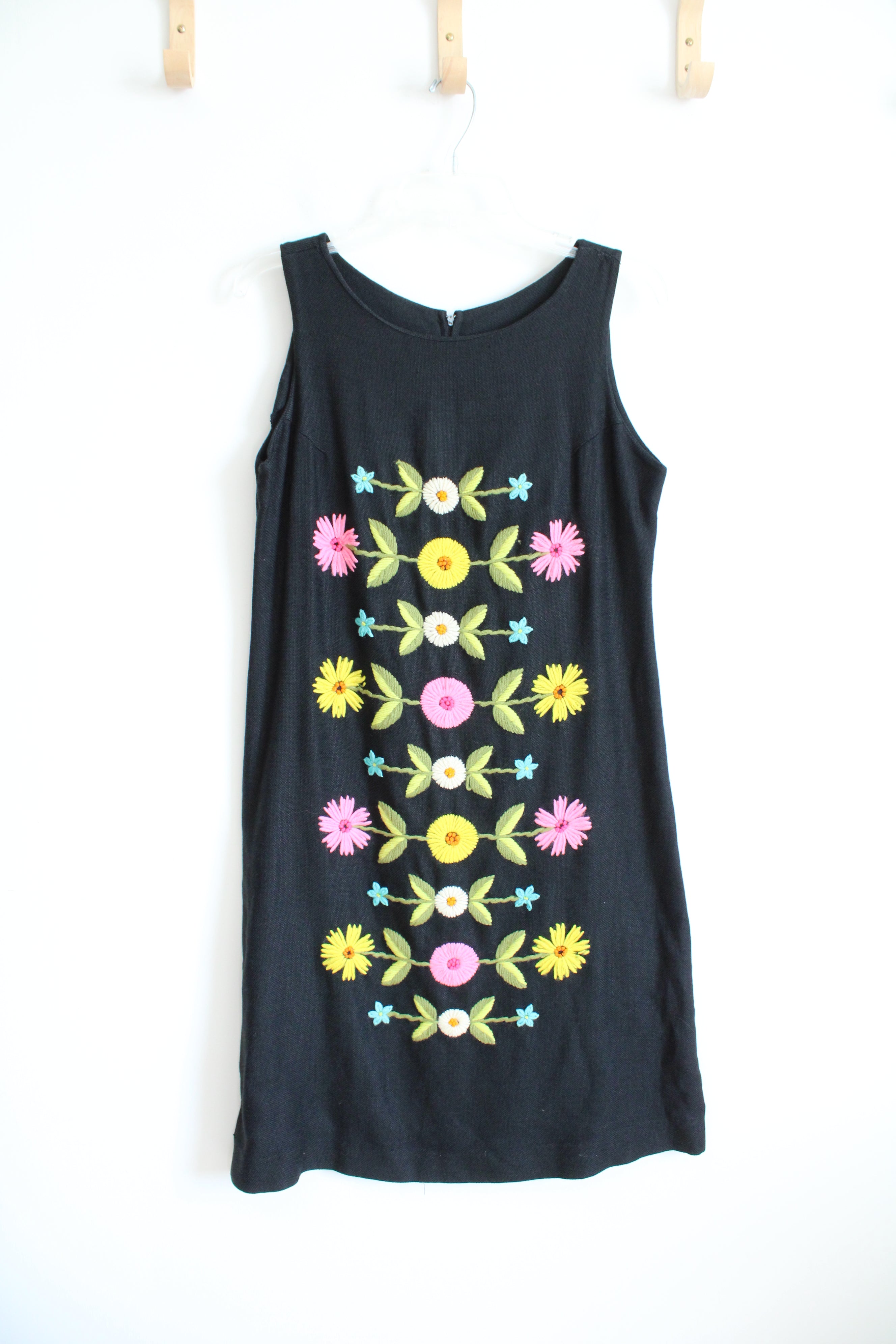 Vintage Phil Rose Fun Collection Embroidered Bright Flower Black Sleeveless Dress | L