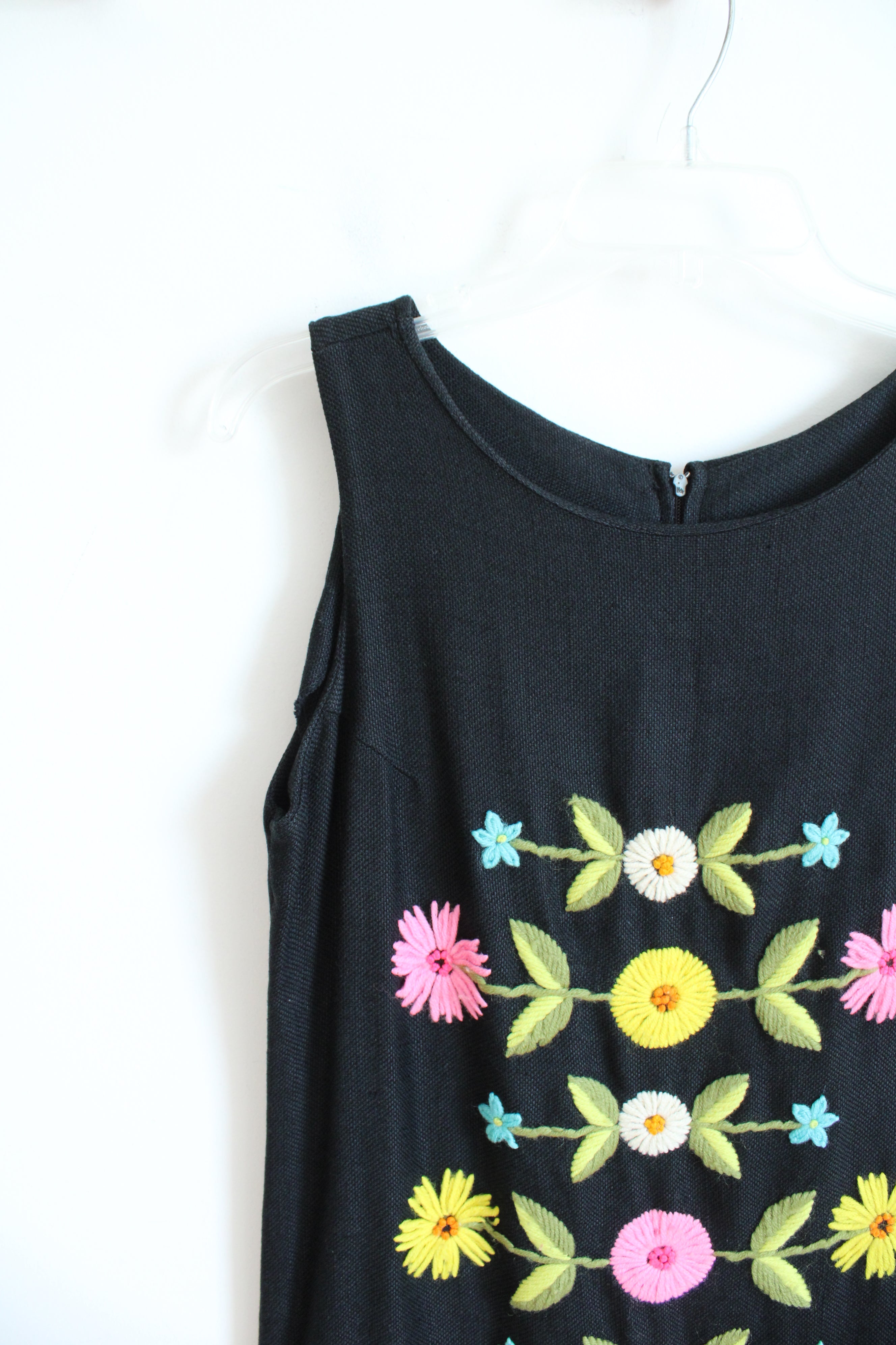 Vintage Phil Rose Fun Collection Embroidered Bright Flower Black Sleeveless Dress | L