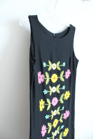 Vintage Phil Rose Fun Collection Embroidered Bright Flower Black Sleeveless Dress | L