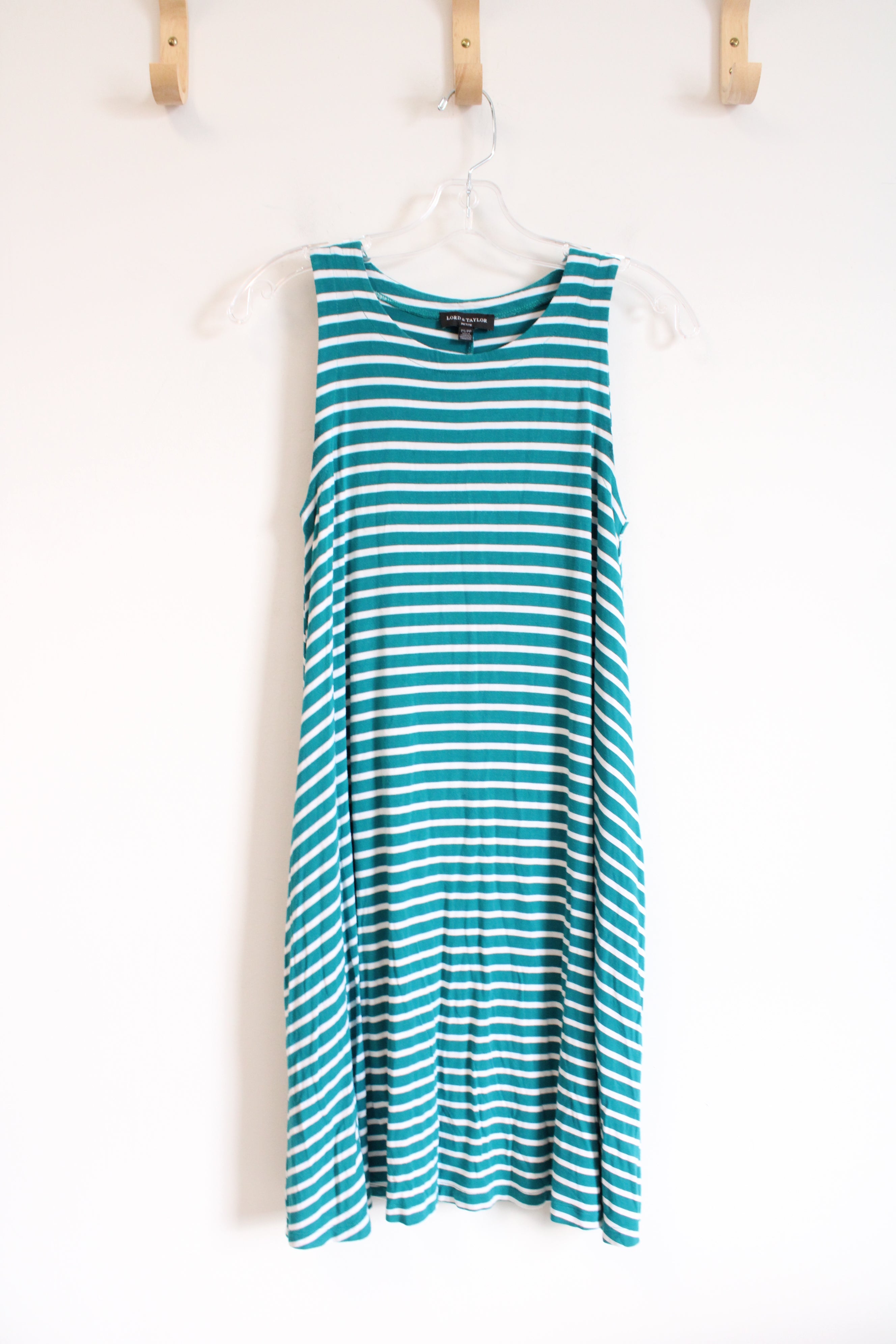 Lord & Taylor Teal Blue & White Striped Sleeveless Dress | S Petite