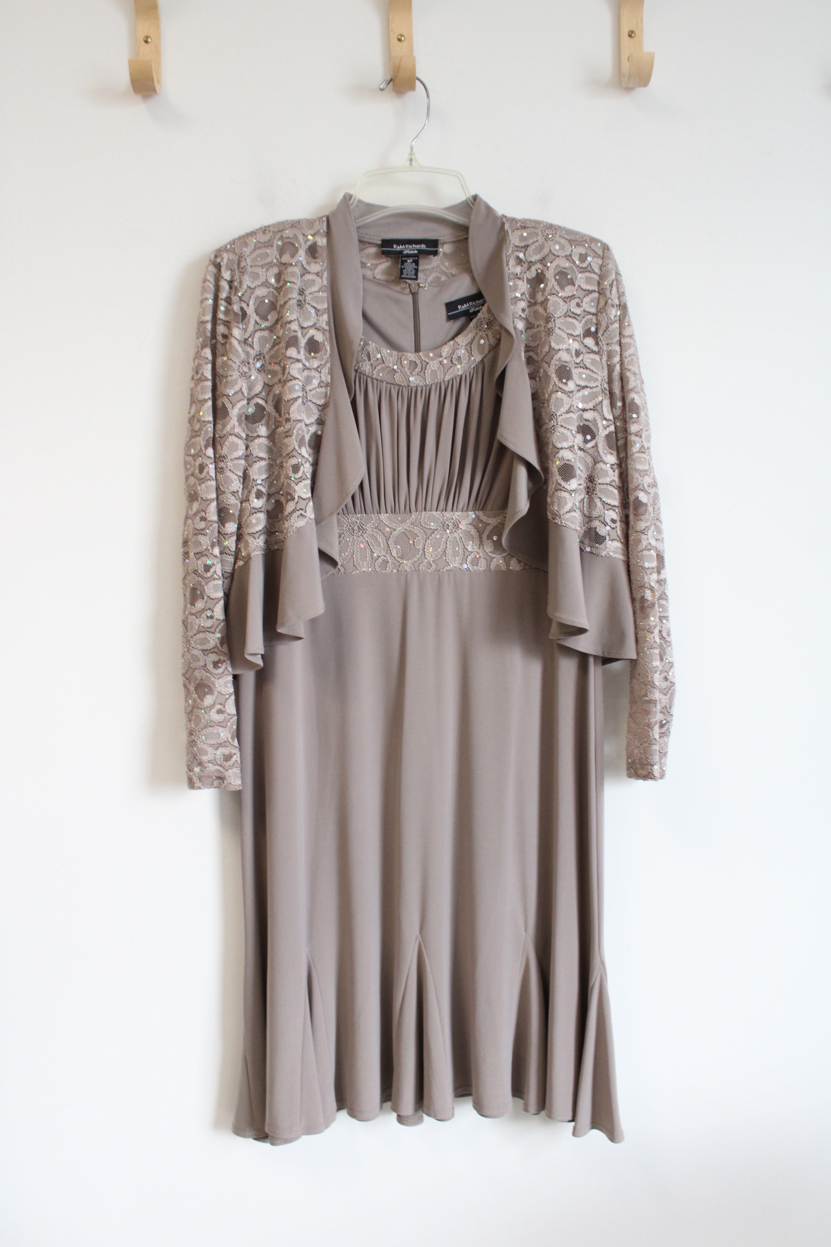 R&M Richards Lace & Rhinestone Taupe Dress & Jacket Set | 8 Petite