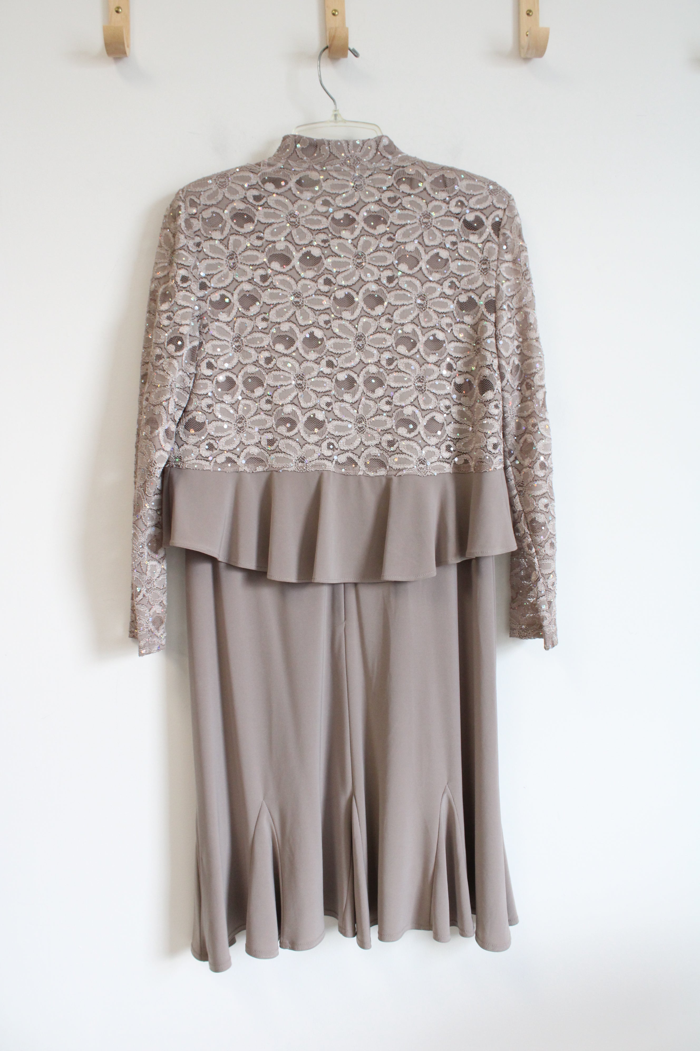 R&M Richards Lace & Rhinestone Taupe Dress & Jacket Set | 8 Petite