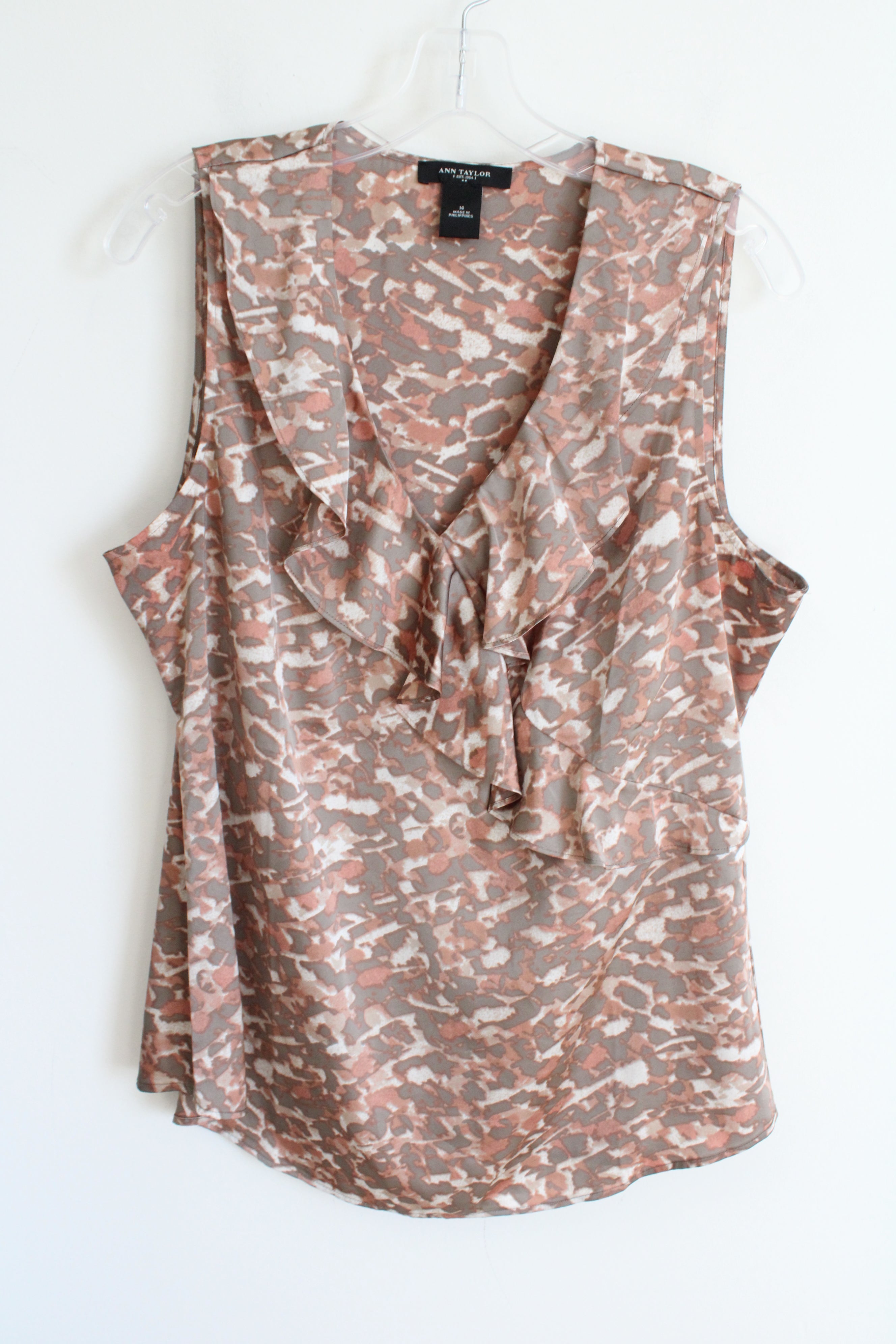 Ann Taylor Tan Satin Print Ruffle Tank Blouse | 14