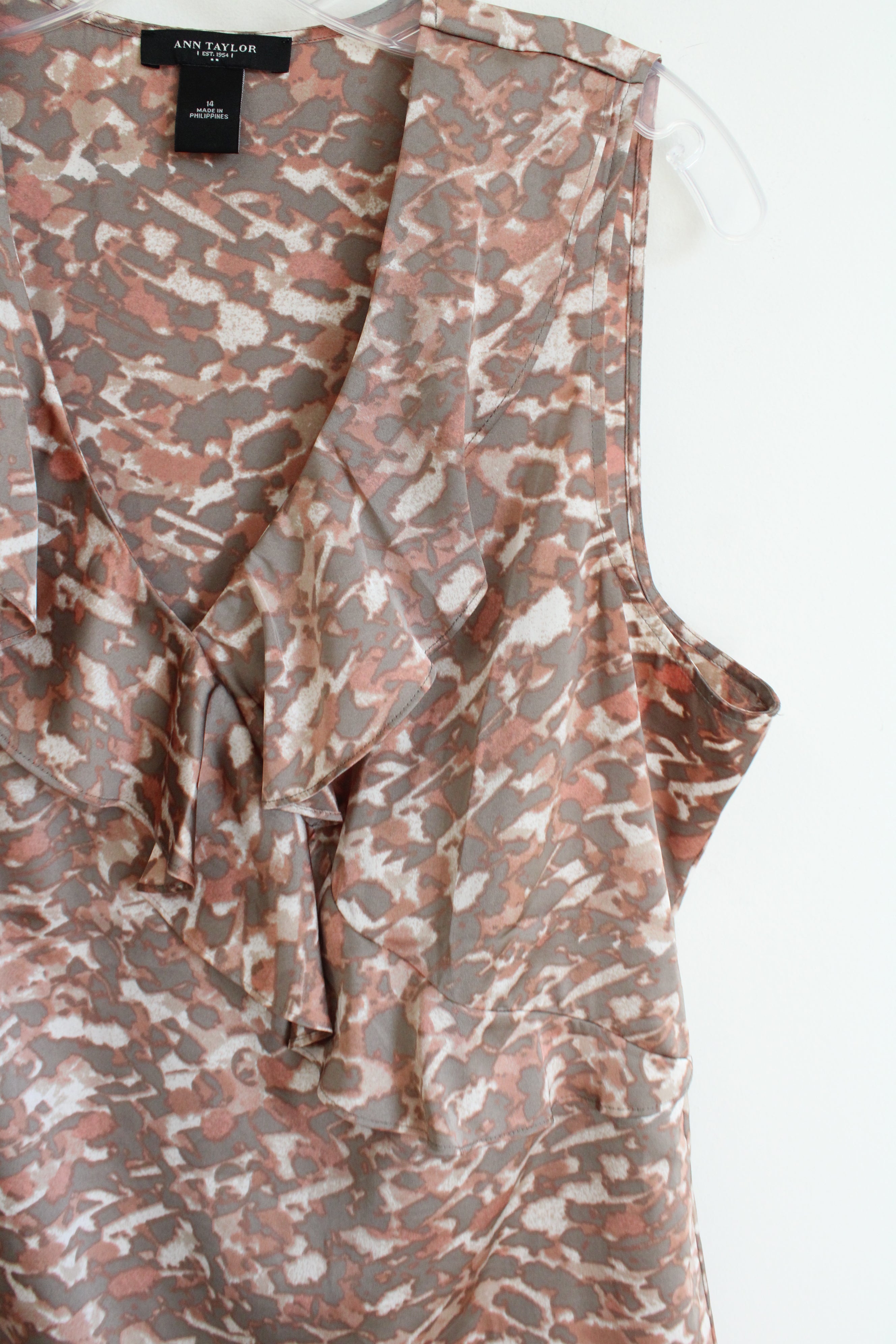 Ann Taylor Tan Satin Print Ruffle Tank Blouse | 14