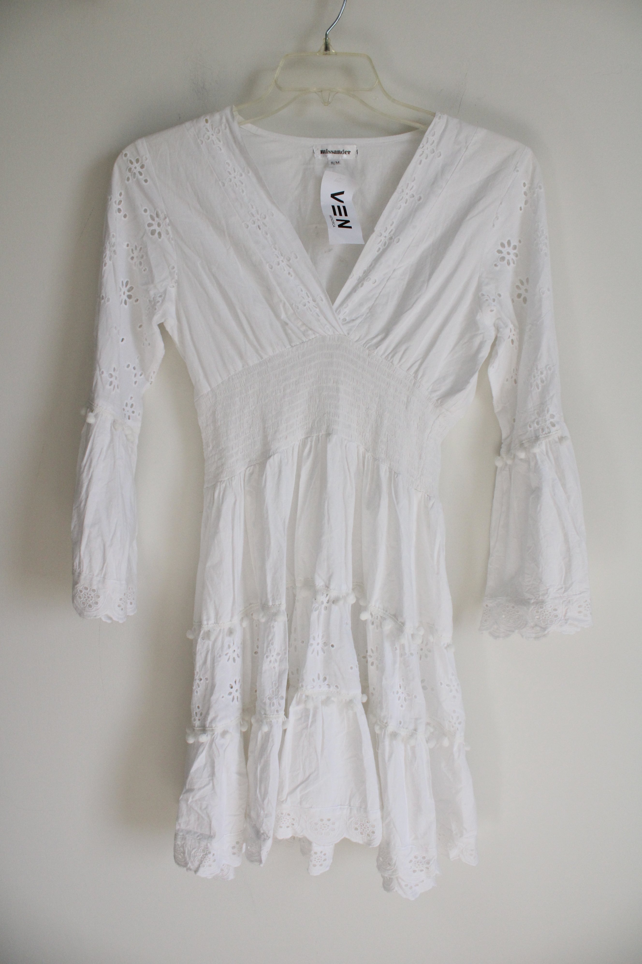 NEW Missander White Cotton Flare Sleeve Boho Dress | S/M