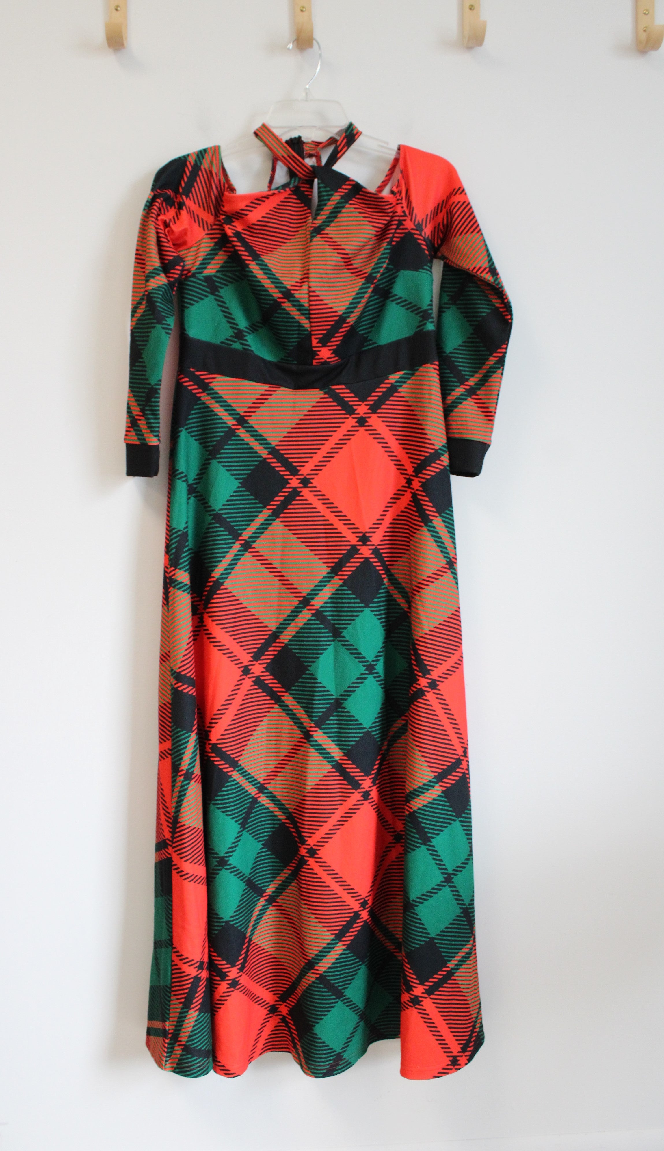 Shein Red Green Plaid Criss-Cross Halter Neck Off-The-Shoulder Maxi Dress | L