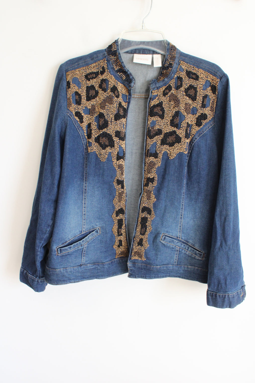 Chico's Beaded Leopard Print Denim Jacket | 3 ( XL/16)