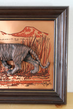 Vintage John Louw Framed Copper Raised Relief 3-D Tiger Framed Art