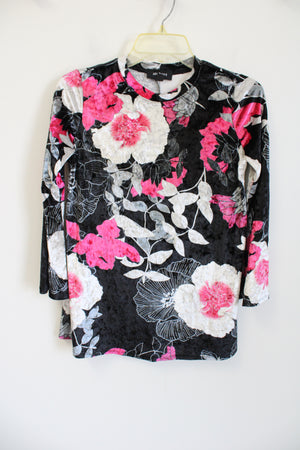 Amy Byer Black Pink Floral Velvet Top | Youth L (14)