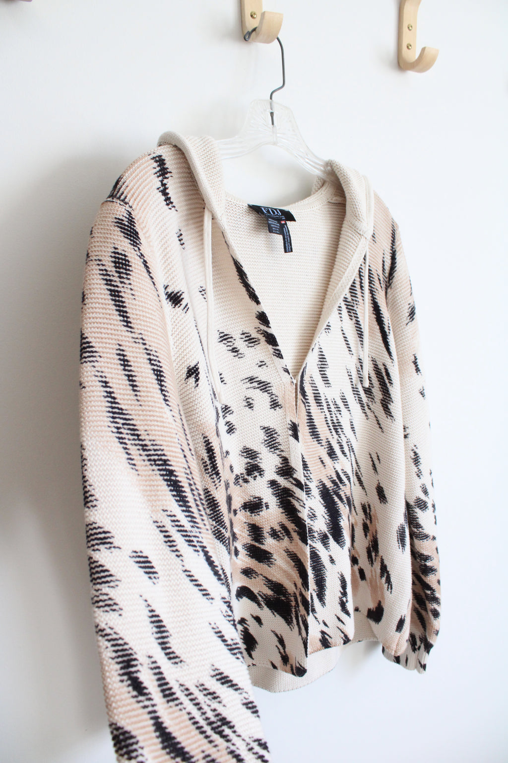 French Dressing Jeans Beige & Black Animal Print Heavy Knit Hooded Open Cardigan | L