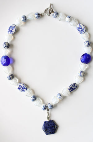 Tulip Dutch Blue Delft Porcelain Beaded Toggle Necklace