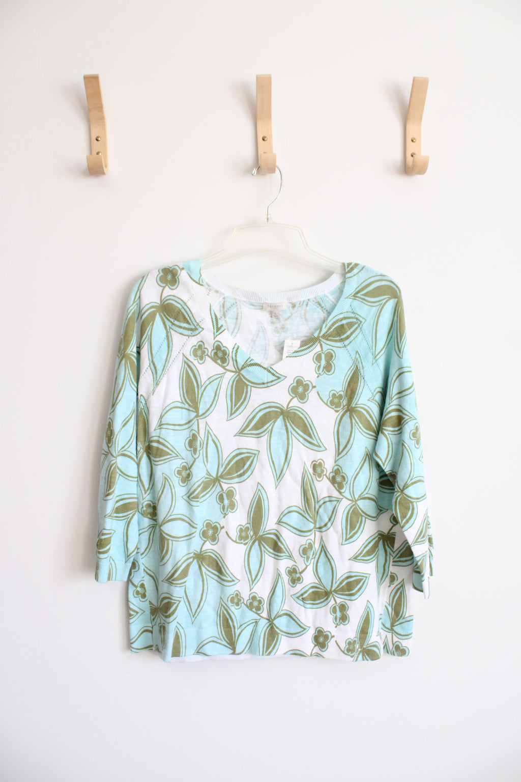 NEW Talbots Blue Olive Green & White Floral Patterned Slub V-Neck Lightweight Sweater | L