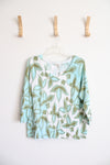 NEW Talbots Blue Olive Green & White Floral Patterned Slub V-Neck Lightweight Sweater | L